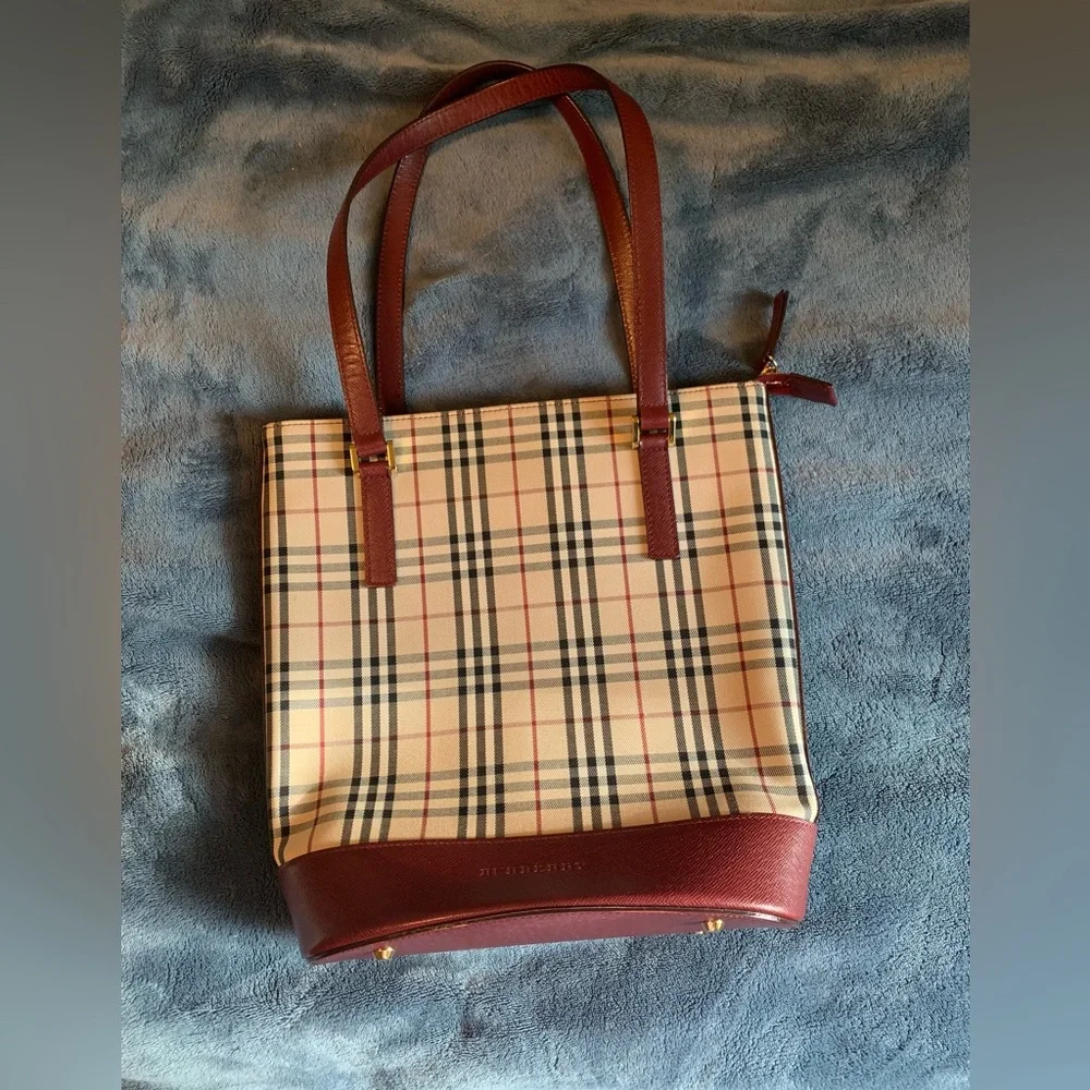 Burberry Beige Check Tote with Burgundy Trim